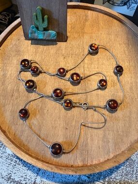 Sterling Silver Amber Station Long Necklace - Brown Amber Beads